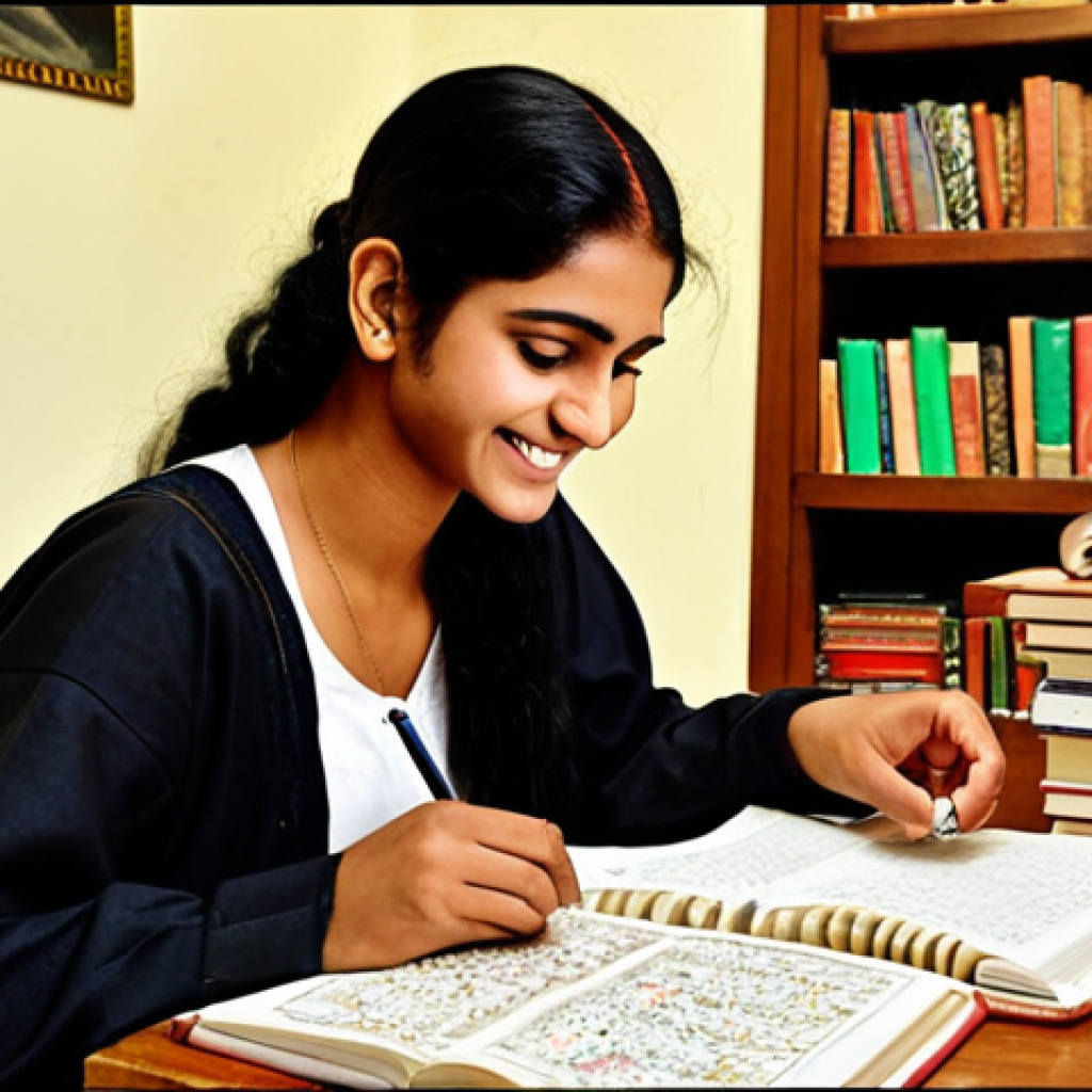 **

A student diligently studying for the Cultural Arts License Exam, surrounded by textbooks, notes, and past papers. The scene is brightly lit, emphasizing focus and concentration. In the background, there's a subtle hint of Urdu calligraphy or a traditional Mughal miniature painting, subtly linking the scene to the cultural context. The student is smiling slightly, conveying confidence and preparedness.

**