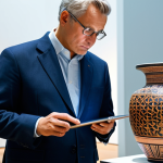 A professional cultural heritage expert, wearing a modest business suit and professional dress, stands in a modern, well-lit museum exhibition space. The expert is looking intently at an ancient, intricately designed ceramic pot displayed on a pedestal, while holding a tablet that displays a digital 3D model of the same artifact. The background features subtle, clean architectural lines and ambient lighting. The scene conveys a blend of tradition and modernity. Professional photography, high quality, realistic, perfect anatomy, correct proportions, well-formed hands, proper finger count, natural body proportions, safe for work, appropriate content, fully clothed, professional, modest.
