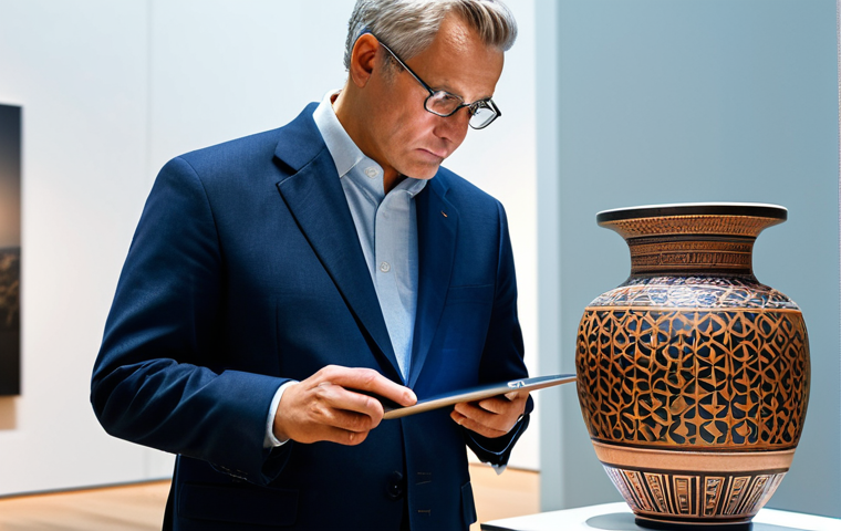 A professional cultural heritage expert, wearing a modest business suit and professional dress, stands in a modern, well-lit museum exhibition space. The expert is looking intently at an ancient, intricately designed ceramic pot displayed on a pedestal, while holding a tablet that displays a digital 3D model of the same artifact. The background features subtle, clean architectural lines and ambient lighting. The scene conveys a blend of tradition and modernity. Professional photography, high quality, realistic, perfect anatomy, correct proportions, well-formed hands, proper finger count, natural body proportions, safe for work, appropriate content, fully clothed, professional, modest.
