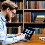 A focused male art history student, dressed in a modest button-up shirt and professional trousers, is depicted in a split image. On the left side, he is surrounded by shelves of old, leather-bound art history books in a classic, cozy library setting, holding a magnifying glass over an art print. On the right side, he is in a modern, brightly lit study area, looking intently at a high-resolution 3D model of a sculpture on a sleek laptop screen, with a tablet and a VR headset nearby. The overall atmosphere is intellectual and studious. Professional photography, sharp focus, natural lighting, high detail, perfect anatomy, correct proportions, natural pose, well-formed hands, proper finger count, natural body proportions, fully clothed, appropriate attire, safe for work, appropriate content, family-friendly, high quality.