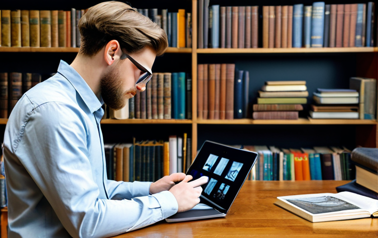 A focused male art history student, dressed in a modest button-up shirt and professional trousers, is depicted in a split image. On the left side, he is surrounded by shelves of old, leather-bound art history books in a classic, cozy library setting, holding a magnifying glass over an art print. On the right side, he is in a modern, brightly lit study area, looking intently at a high-resolution 3D model of a sculpture on a sleek laptop screen, with a tablet and a VR headset nearby. The overall atmosphere is intellectual and studious. Professional photography, sharp focus, natural lighting, high detail, perfect anatomy, correct proportions, natural pose, well-formed hands, proper finger count, natural body proportions, fully clothed, appropriate attire, safe for work, appropriate content, family-friendly, high quality.