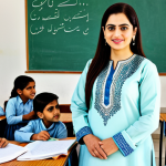 **

A professional female teacher in a modest *shalwar kameez* with intricate embroidery, standing in a bright and welcoming classroom filled with children. The classroom is decorated with colorful Urdu calligraphy and artwork.  Fully clothed, appropriate attire, safe for work, perfect anatomy, natural proportions, professional photography, high quality, modest, family-friendly.

**