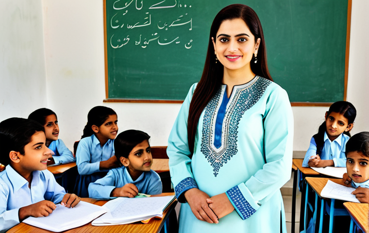 **

A professional female teacher in a modest *shalwar kameez* with intricate embroidery, standing in a bright and welcoming classroom filled with children. The classroom is decorated with colorful Urdu calligraphy and artwork.  Fully clothed, appropriate attire, safe for work, perfect anatomy, natural proportions, professional photography, high quality, modest, family-friendly.

**