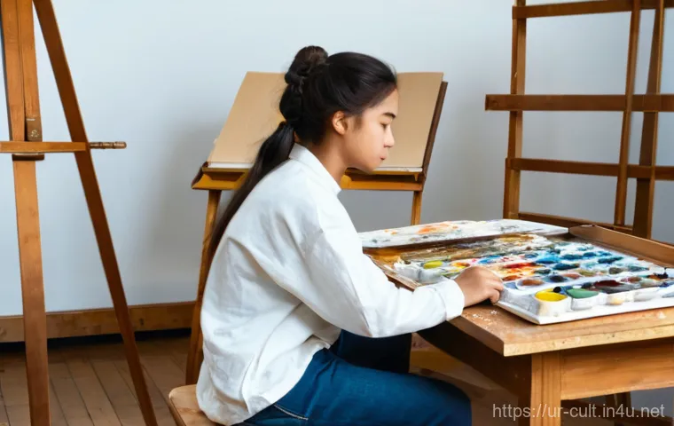 문화예술사 이론과 실무의 차이 - **Prompt:** "A young art student, approximately 19-20 years old, sitting at a wooden desk. On one si...