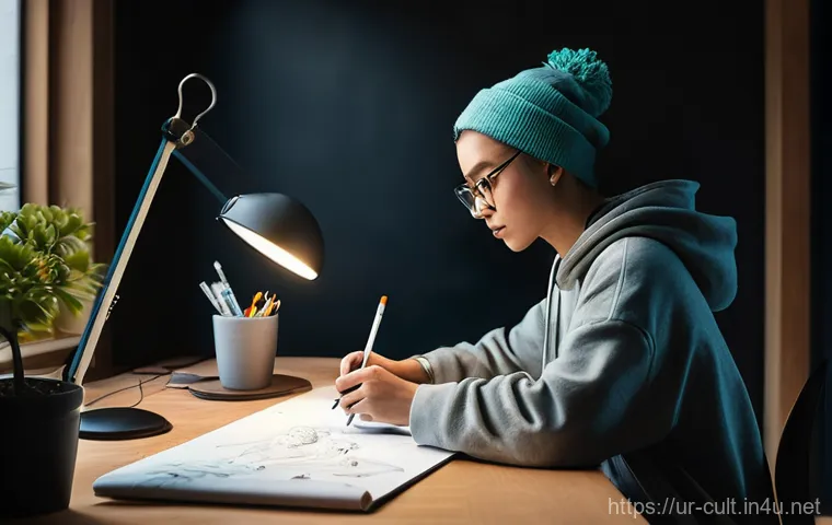 문화예술사 이론과 실무의 차이 - **Prompt:** "A young art student, approximately 19-20 years old, sitting at a wooden desk. On one si...