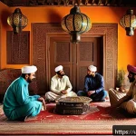 Home 23 문화예술사 실무에서의 커뮤니케이션 - A warm and inviting traditional Pakistani living room setting where a diverse group of people are en...