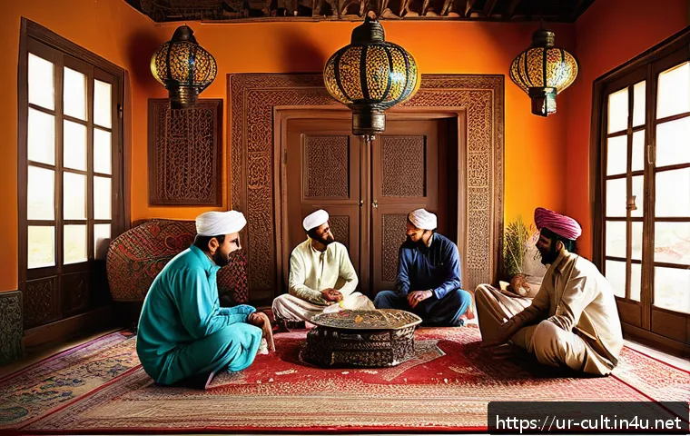 문화예술사 실무에서의 커뮤니케이션 - A warm and inviting traditional Pakistani living room setting where a diverse group of people are en...