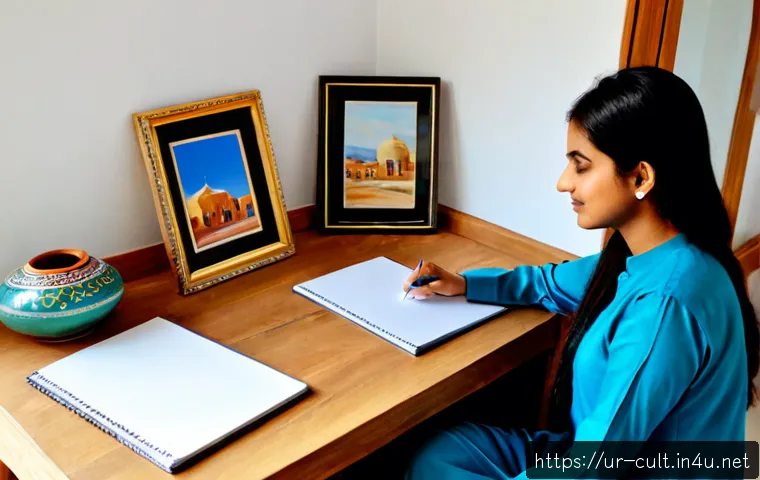 Home 17 문화예술사 실무 역량 강화 방법 - Photorealistic cultural arts professional in a modest Pakistani shalwar kameez carefully arranging f...