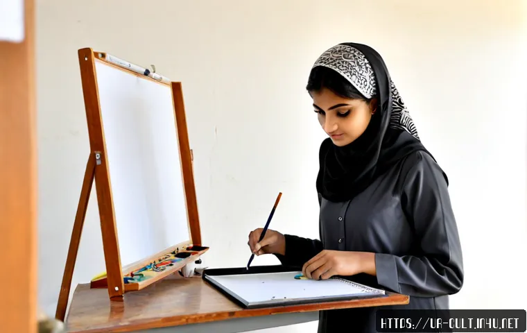 문화예술사 실기 시험에서의 유의점 - Photorealistic university art practical examination in Pakistan, focused young Urdu-speaking female ...