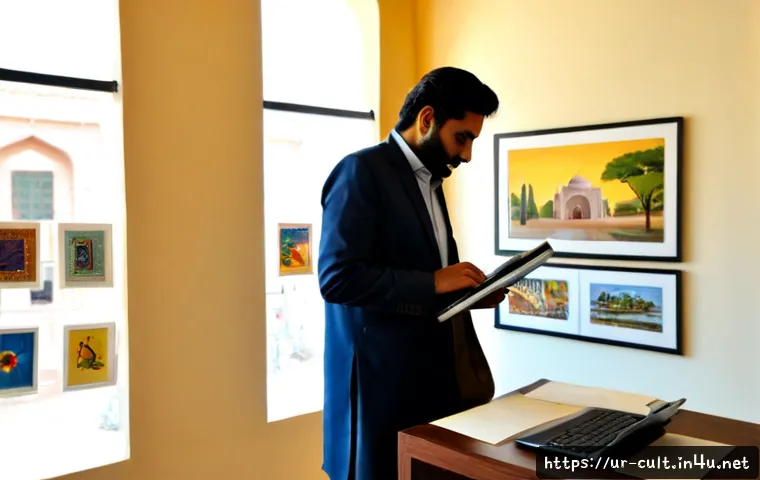 Home 17 문화예술사 자격증과 문화 마케팅의 관계 - Photorealistic cultural marketing strategist in a modest professional outfit reviewing a visual arts...