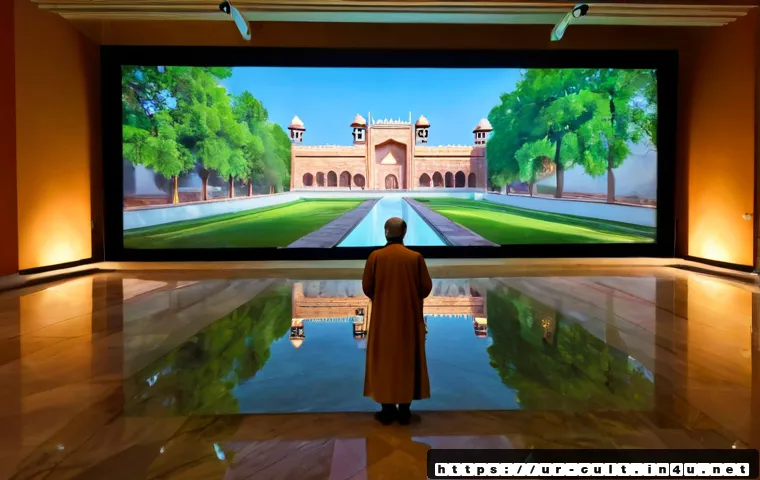 Home 17 문화예술사와 디지털 아트의 접목 사례 - Photorealistic museum gallery in Lahore, Pakistan, an elderly Urdu art historian in modest tradition...